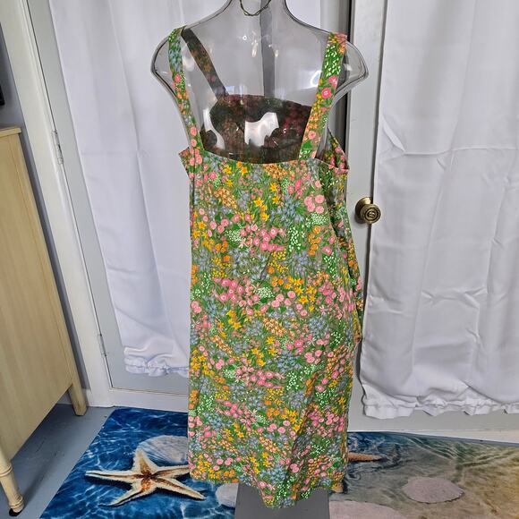 60s Tiffany Loungewear Classic Retro Colors Floral Bib Dress Pockets Sundress M - Picture 9 of 16